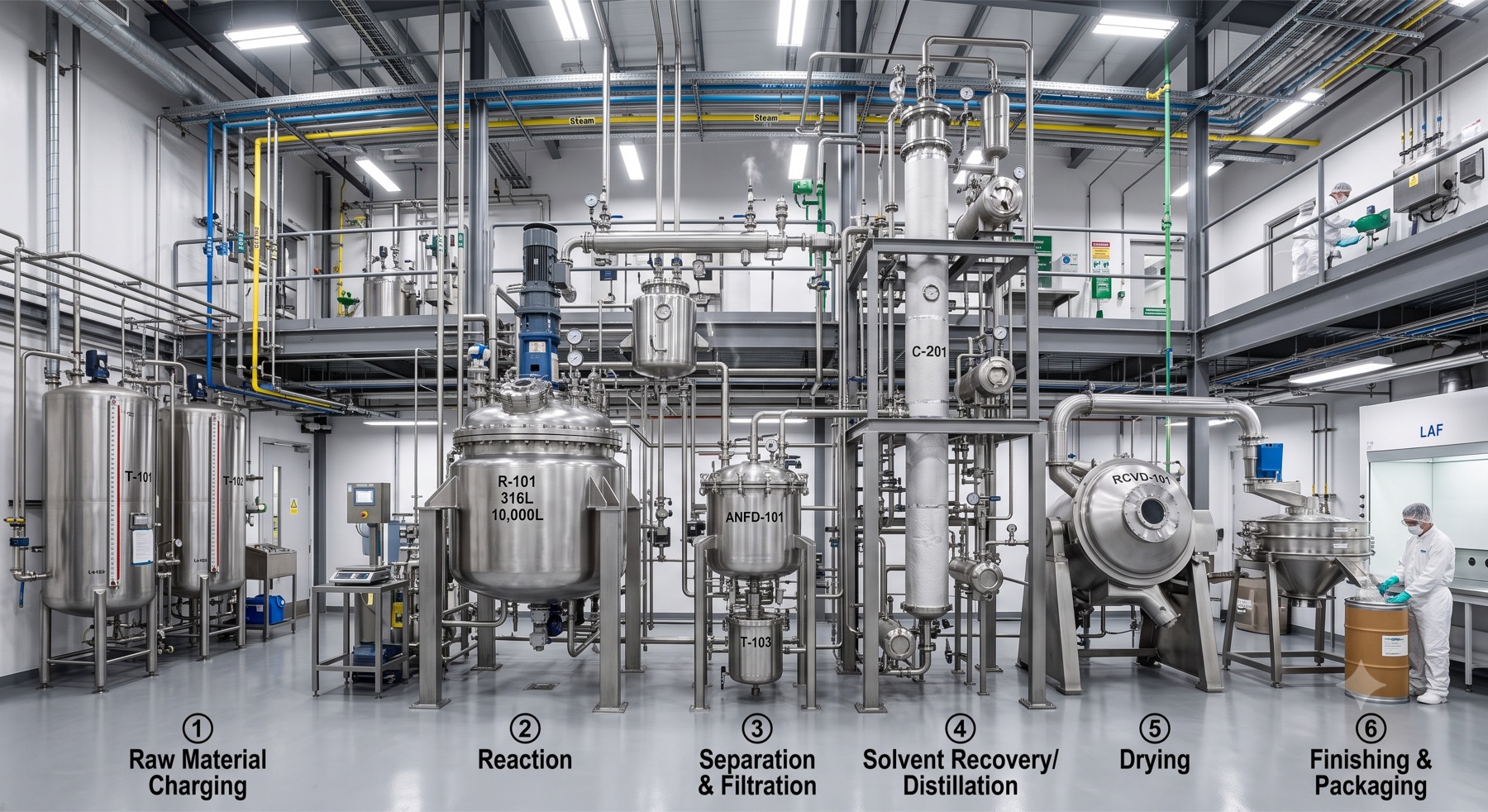 A process plant laid out stage by stage — raw material charging, reaction, separation and filtration, solvent recovery and distillation, drying, and finishing and packaging